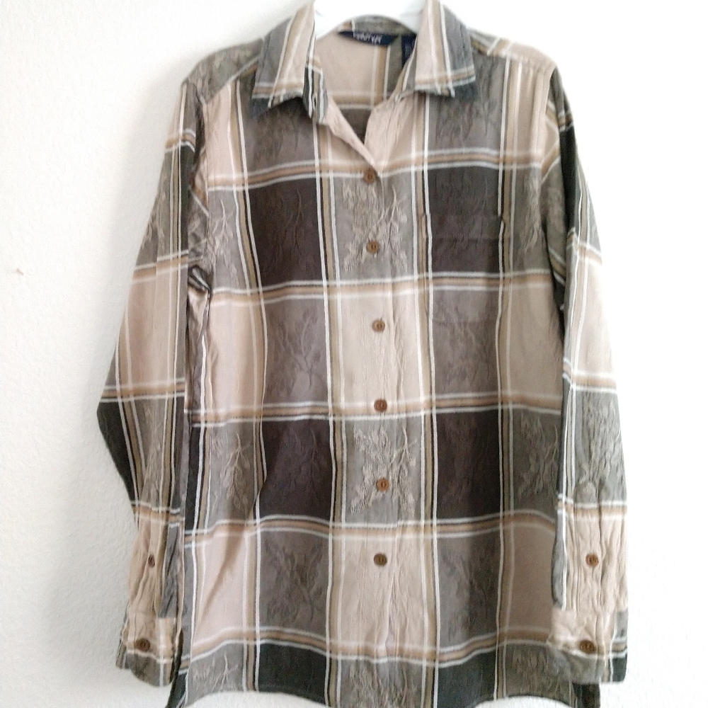 Krazy Kat Shirt Plaid Check Brown Beige Embossed Floral Fall Small Chest 38"